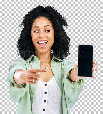 Buy stock photo Woman wow, mockup presentation and phone screen for social media, e learning offer and news or happy sale. African student on mobile app and surprise or excited isolated on transparent png background