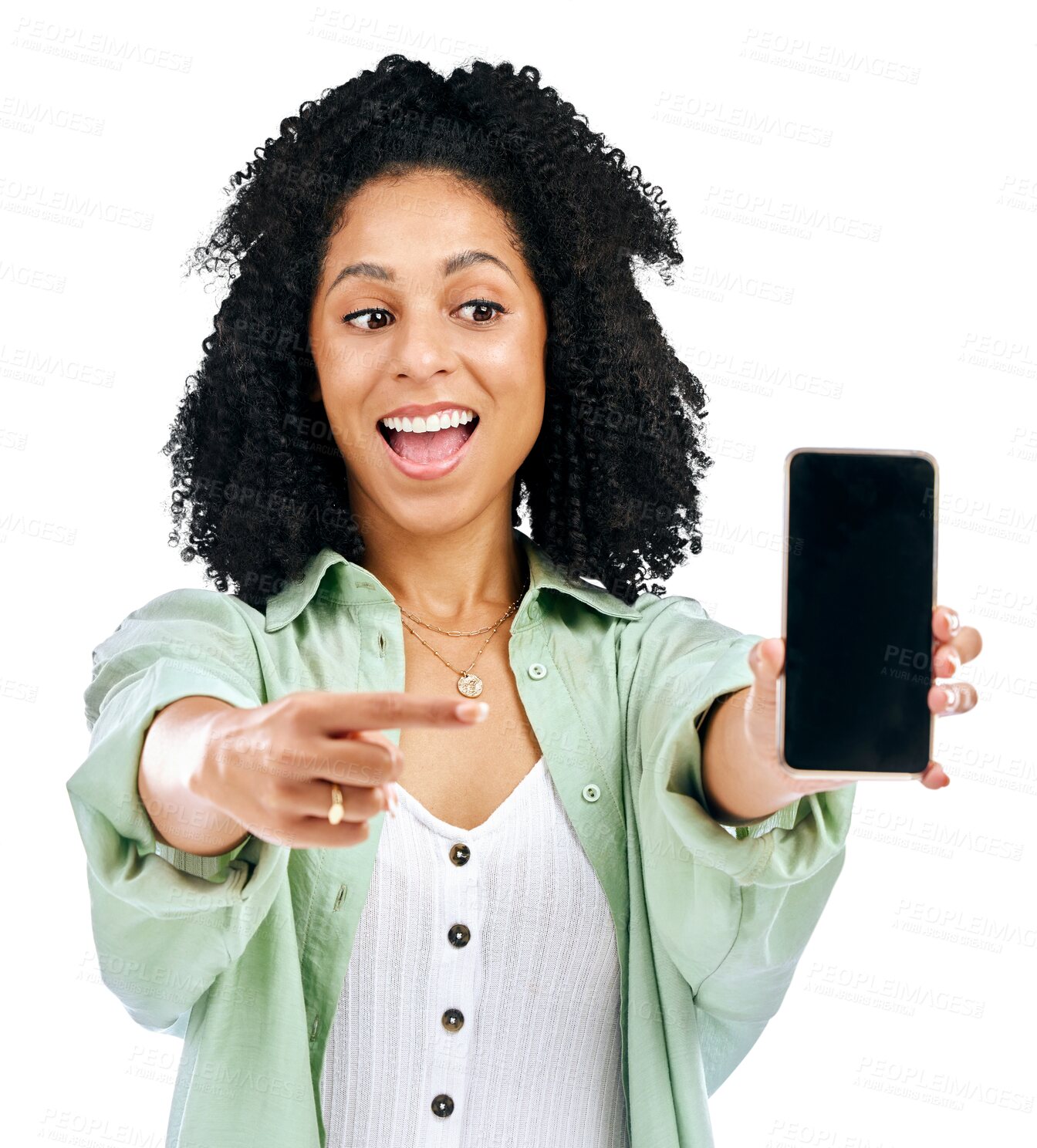 Buy stock photo Woman wow, mockup presentation and phone screen for social media, e learning offer and news or happy sale. African student on mobile app and surprise or excited isolated on transparent png background