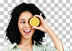 Citrus, lemon and eye of woman with fashion for organic wellness