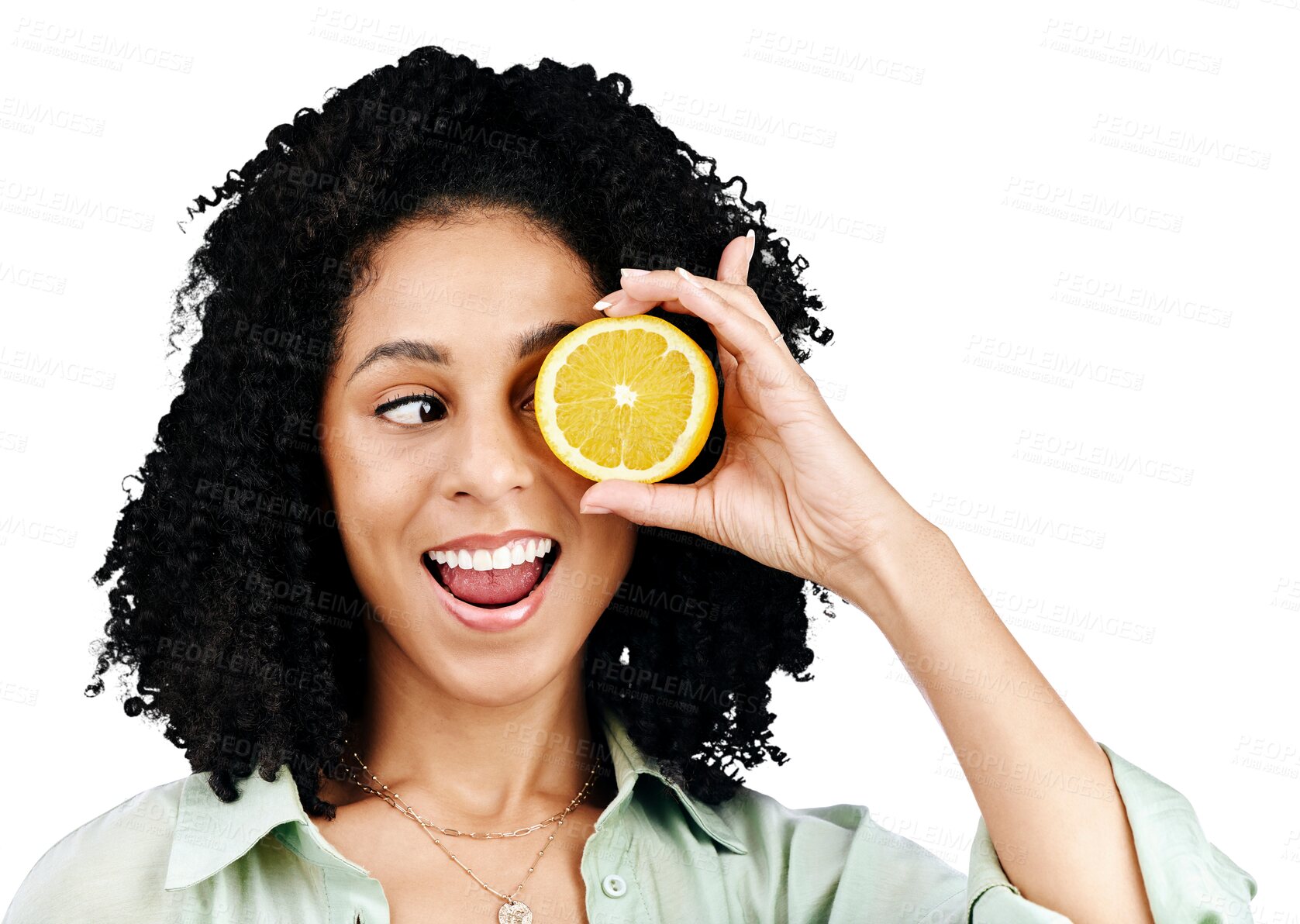 Buy stock photo Fruit, lemon and eye of woman with surprise on isolated, png and transparent background. Natural, nutrition and face of person with citrus slice for organic detox, healthy diet food and wellness