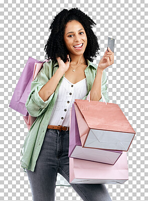 Buy stock photo Shopping bag, credit card and portrait of happy woman isolated on transparent png background with budget, bonus or deal. Cashback, payment and girl excited for retail store offer, sale or giveaway