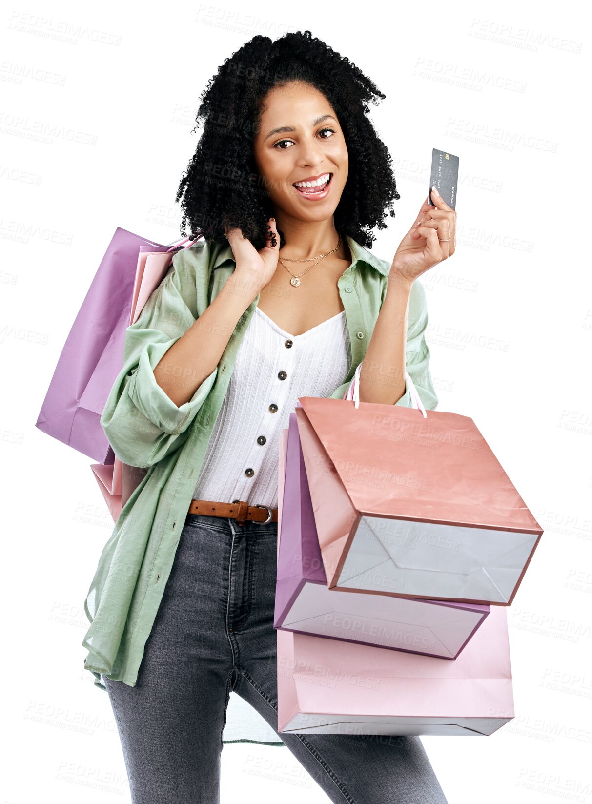 Buy stock photo Shopping bag, credit card and portrait of happy woman isolated on transparent png background with budget, bonus or deal. Cashback, payment and girl excited for retail store offer, sale or giveaway