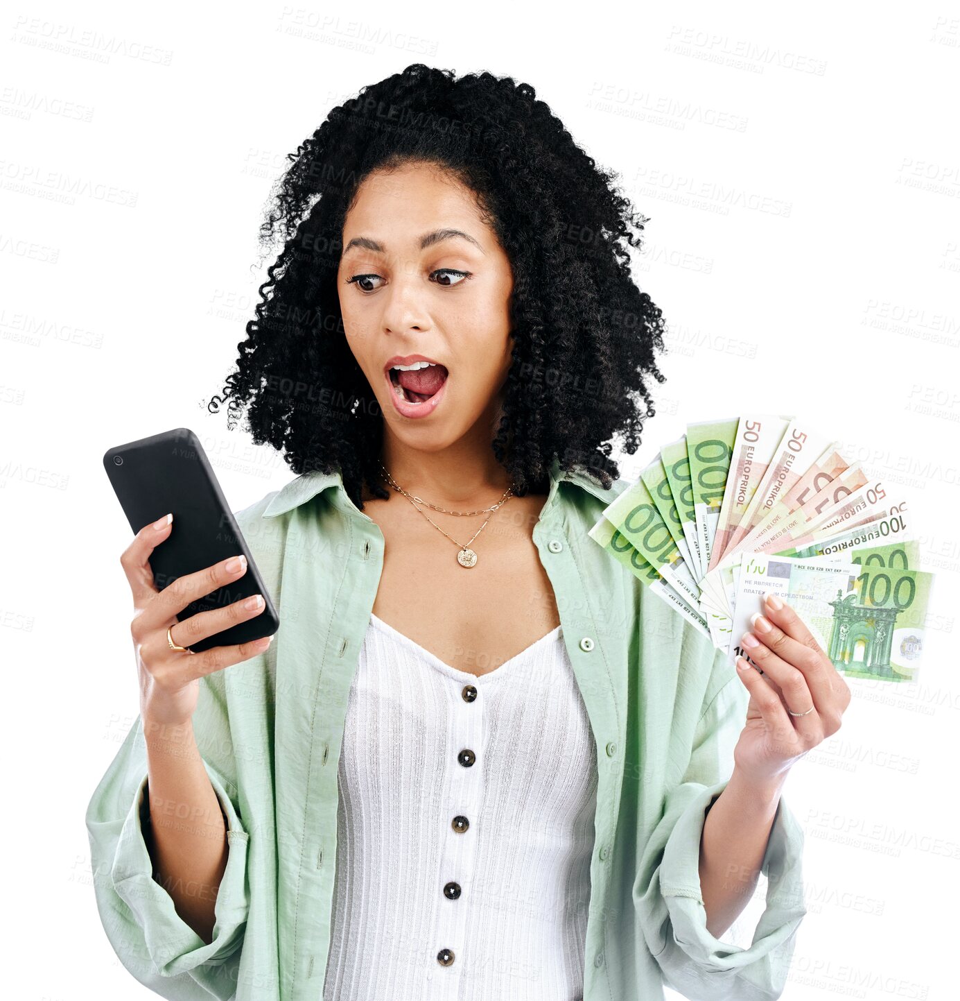 Buy stock photo Phone, cash and wow, happy woman isolated on transparent png background with cashback bonus or deal. Money fan, online shopping and girl excited for retail offer, discount sale or surprise giveaway.