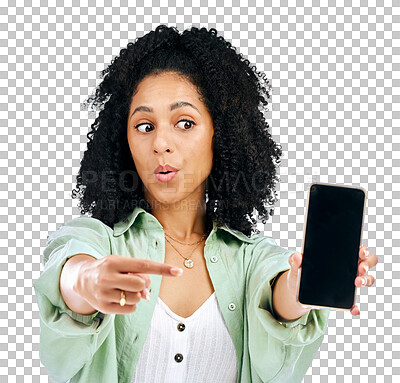 Buy stock photo Woman, presentation and phone screen for news, social media mockup and e learning offer and surprise sale. African student on mobile app with hand pointing and isolated on transparent, png background