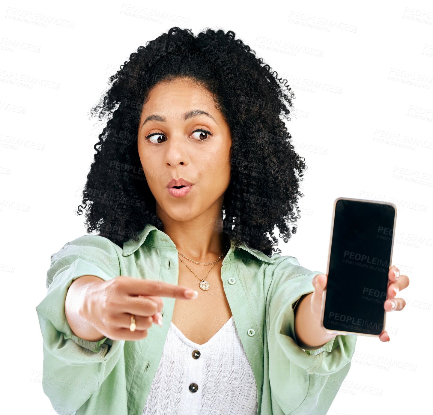 Buy stock photo Woman, presentation and phone screen for news, social media mockup and e learning offer and surprise sale. African student on mobile app with hand pointing and isolated on transparent, png background