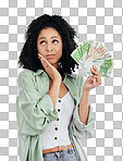 Woman, money fan and thinking in studio for prize, profit or bon