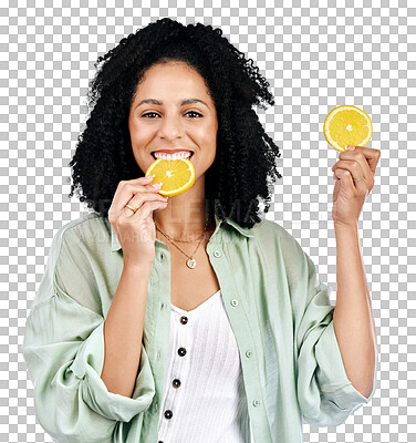 Buy stock photo Vitamin c, lemon and portrait of woman with smile on isolated, png and transparent background. Nutrition, natural food and face of person with fruit slice for organic detox, healthy diet and wellness