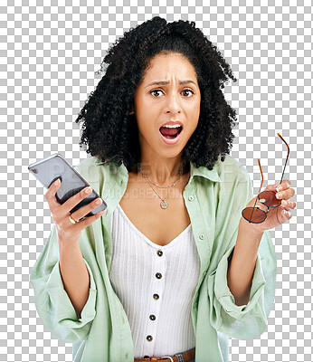 Buy stock photo Portrait, woman and phone with shock for news, gossip or wow with social media. Female model, hand and sunglasses with surprise on face in Cuba on isolated or a transparent png background for scam