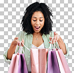 Wow, shopping bag and omg by woman in studio with promotion, dea