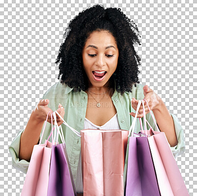 Buy stock photo Shopping bag, surprise and portrait of happy woman in isolated on transparent png background with sale, bonus or deal. Wow, smile and girl excited for retail store offer, discount saving or giveaway.