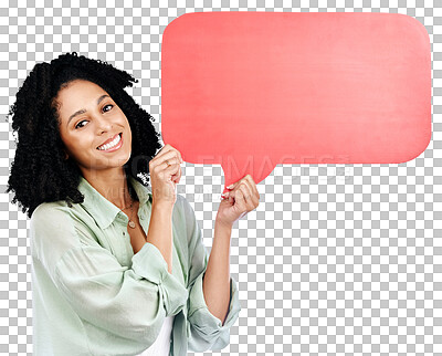 Buy stock photo Speech bubble, portrait and woman advertising space of news, social media and sales promotion isolated on transparent png background. Happy model with poster of quote, opinion or information about us