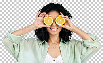 Buy stock photo Happy, lemon and eyes of woman with fruit on isolated, png and transparent background. Weight loss, nutrition and face of person smile with citrus slice for organic detox, healthy diet and wellness