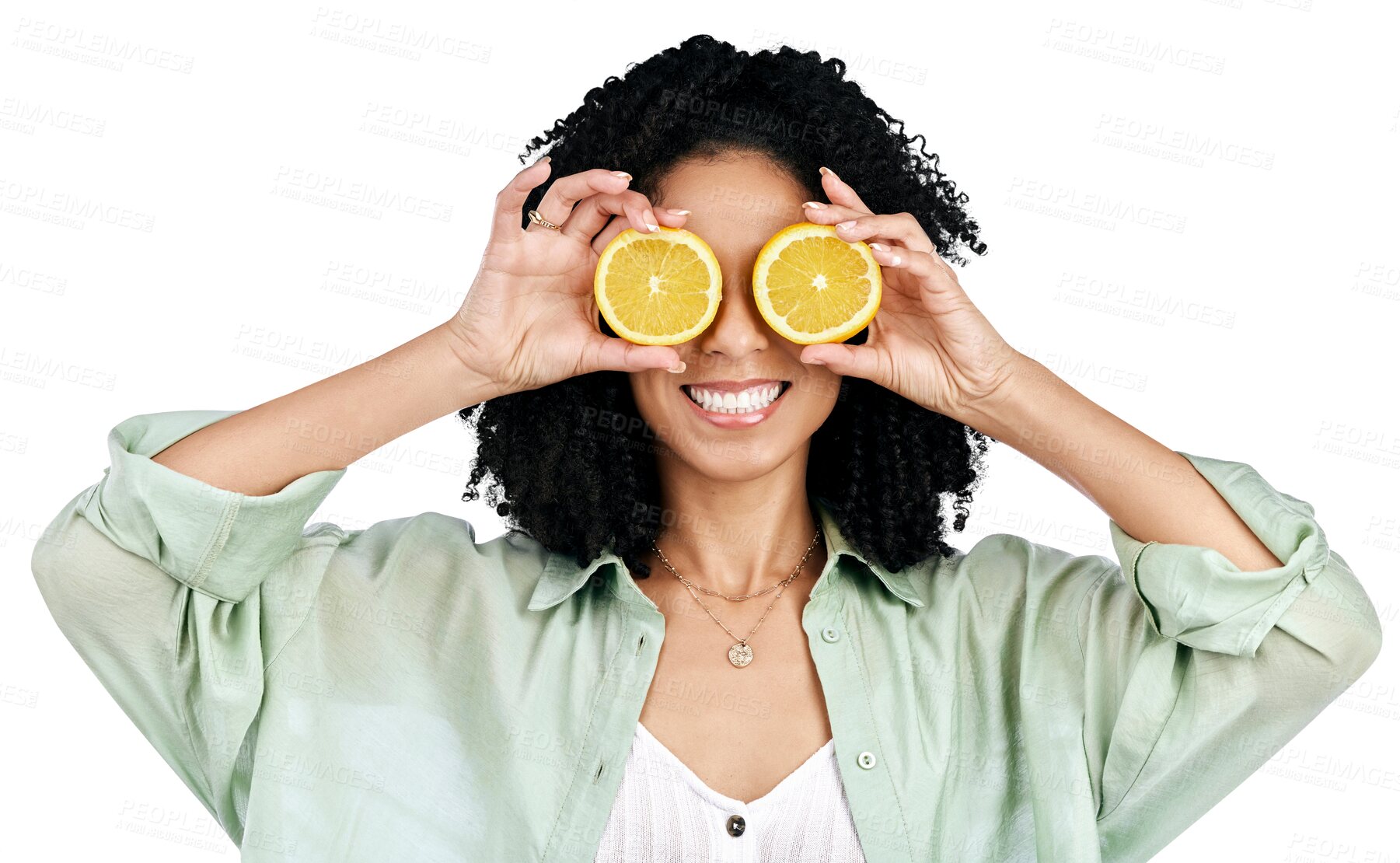 Buy stock photo Happy, lemon and eyes of woman with fruit on isolated, png and transparent background. Weight loss, nutrition and face of person smile with citrus slice for organic detox, healthy diet and wellness