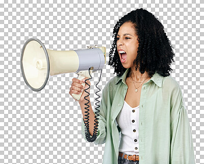 Buy stock photo Woman, loudspeaker and angry protest with announcement, activist and freedom isolated on transparent background. Person, protester and girl with a speech, justice and equality with a megaphone or png