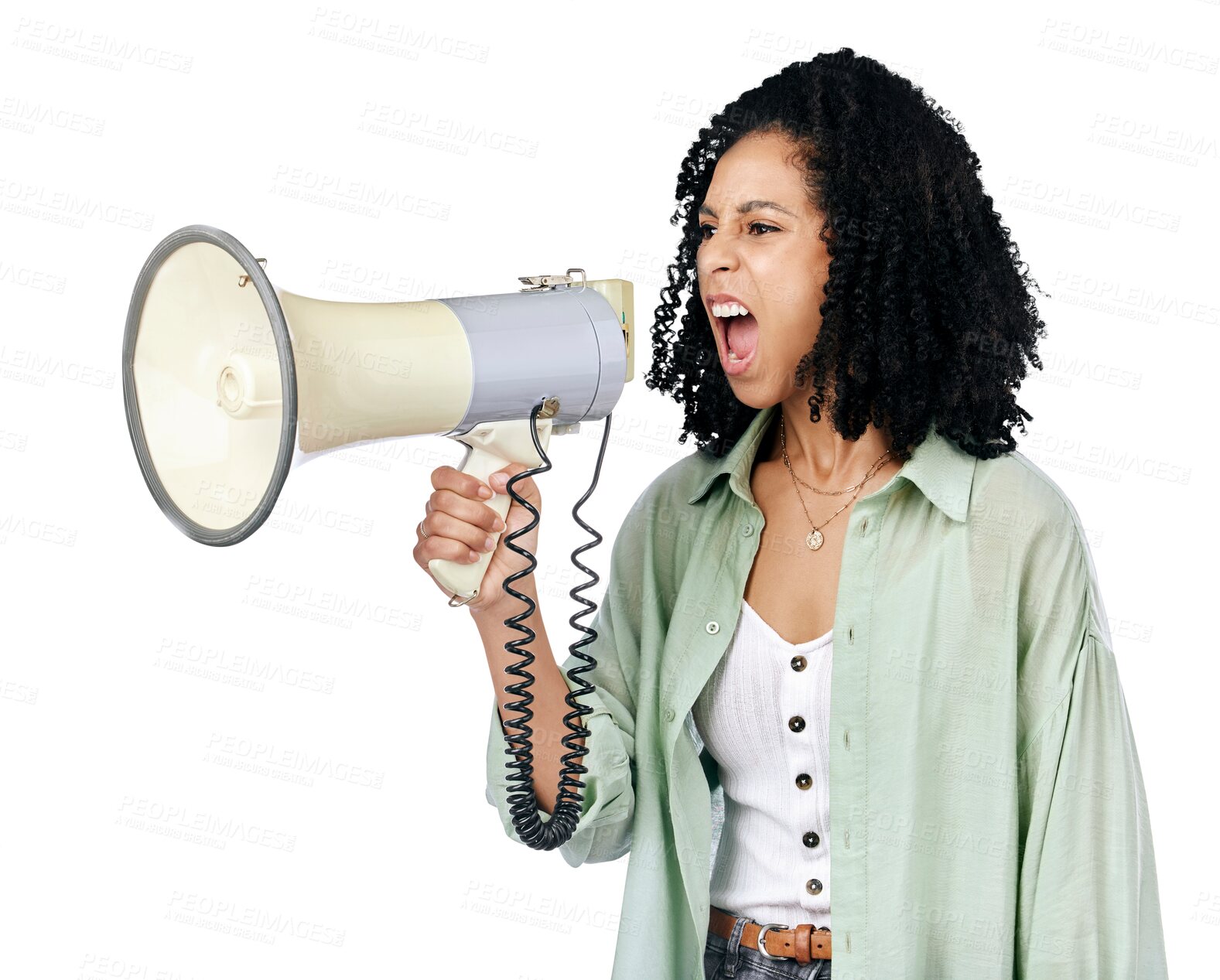 Buy stock photo Woman, loudspeaker and angry protest with announcement, activist and freedom isolated on transparent background. Person, protester and girl with a speech, justice and equality with a megaphone or png