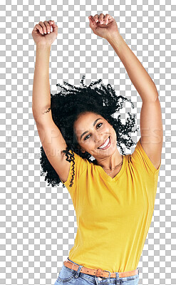 Buy stock photo Happy woman, afro and dance portrait or smile, isolated on transparent png background. Black person, model and face or arms up moving in celebration party fun for motion energy, summer look in Brazil