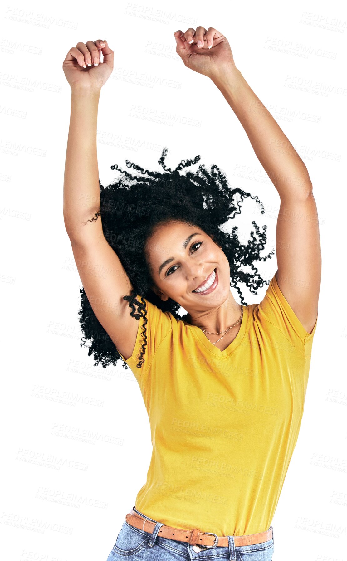 Buy stock photo Happy woman, afro and dance portrait or smile, isolated on transparent png background. Black person, model and face or arms up moving in celebration party fun for motion energy, summer look in Brazil