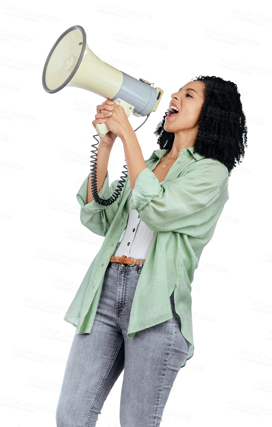 Buy stock photo Megaphone, speech and frustrated woman in studio with warning on isolated, transparent and png background. Speaker, noise or lady leader with bullhorn for change, transformation or message or justice