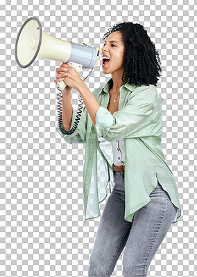 Buy stock photo Woman, loudspeaker and angry protest with shouting activist and freedom isolated on transparent background. Person, screaming and girl with a speech, justice and equality with a megaphone or png