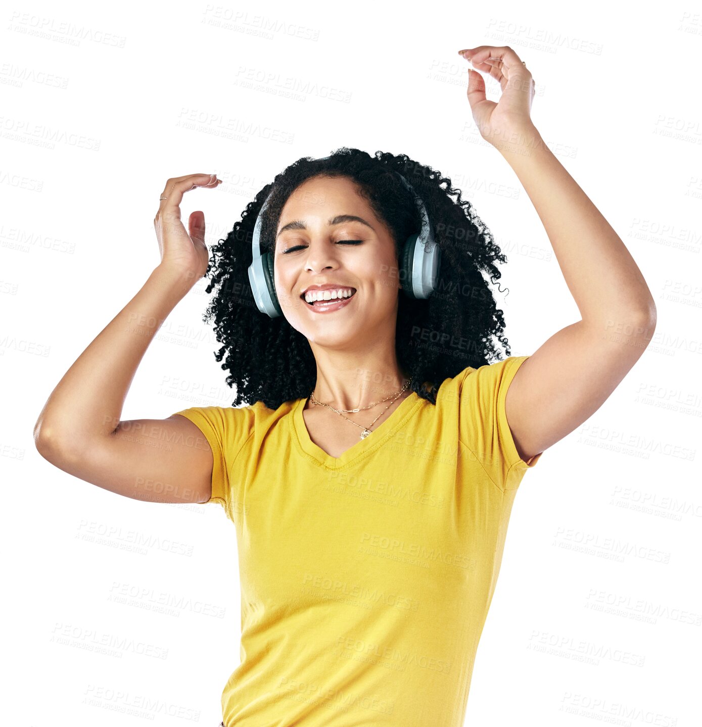 Buy stock photo Happy, dance and woman with music headphones in studio on isolated, transparent or png background. Freedom, energy and female model listening to radio, podcast or streaming audio, album or playlist