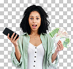 Woman, phone and money in studio portrait with wow for prize, in