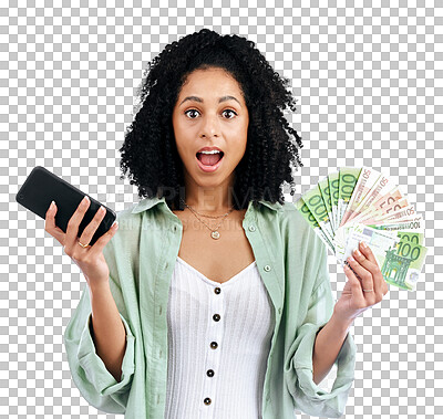 Buy stock photo Money, phone and woman wow for winning finance, online savings and profit or cash prize in portrait. African winner with surprise for lottery success, cash and mobile on a transparent png background