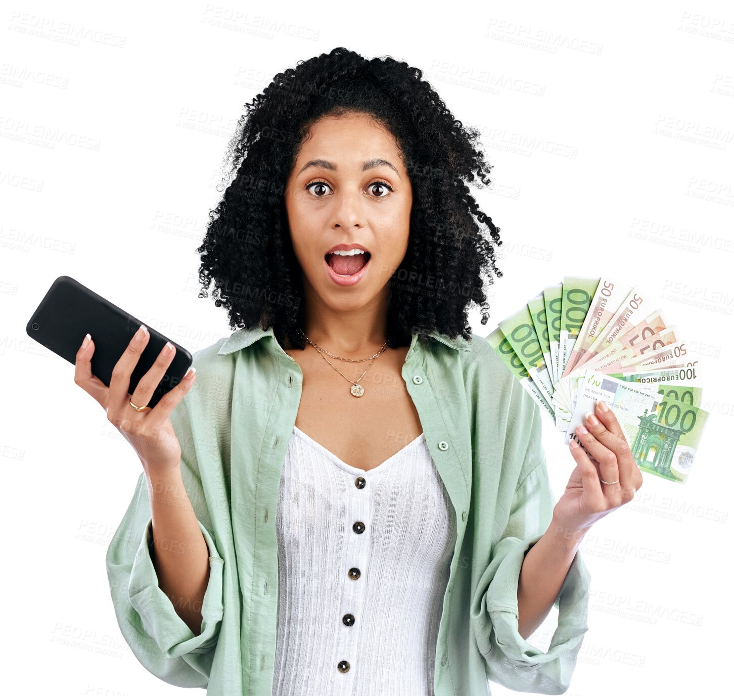 Buy stock photo Money, phone and woman wow for winning finance, online savings and profit or cash prize in portrait. African winner with surprise for lottery success, cash and mobile on a transparent png background