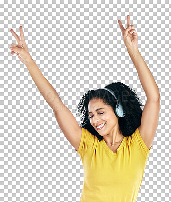 Buy stock photo Music, dance and woman with headphones, peace and hands in studio on isolated, transparent or png background. Freedom, energy or lady model listening to radio, podcast or streaming audio with v emoji