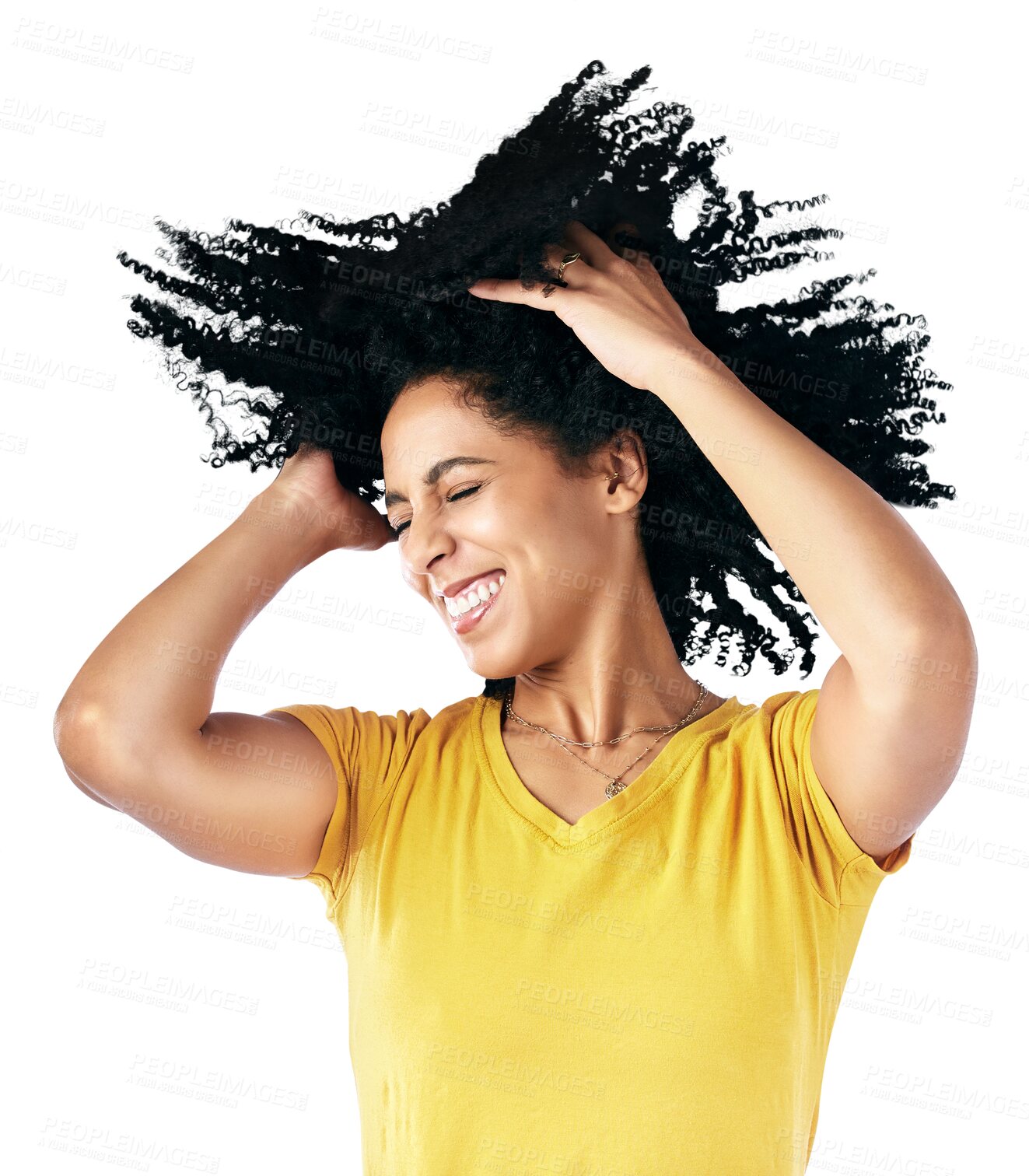 Buy stock photo Hair, dancing and woman with afro hairstyle, smile and isolated on transparent png background. Energy, casual and young with stylish clothes, trendy and excited to celebrate, freedom and fashionable