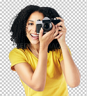 Buy stock photo Portrait, woman and smile with camera for photography, lens or picture for memory. Female model, happy and hand with equipment for creative career on isolated or a transparent png background in Cuba