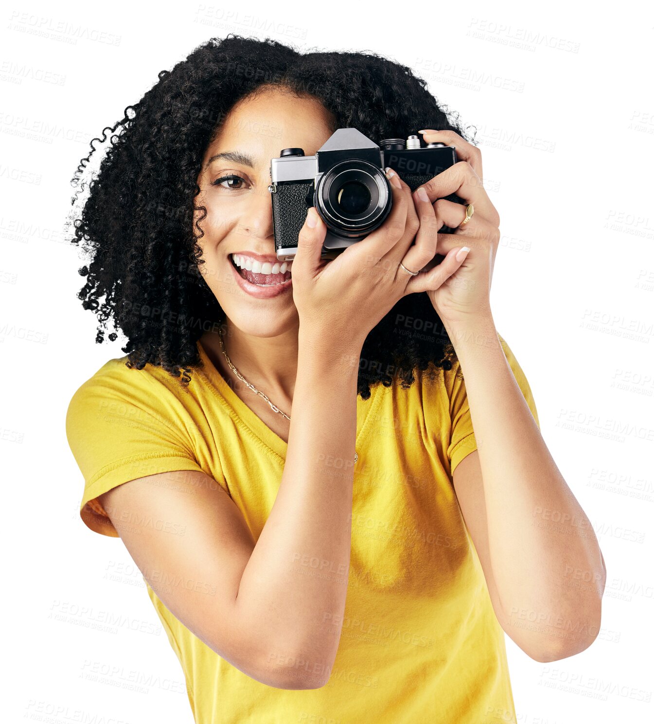 Buy stock photo Portrait, woman and smile with camera for photography, lens or picture for memory. Female model, happy and hand with equipment for creative career on isolated or a transparent png background in Cuba