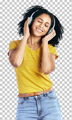 Buy stock photo Smile, dance and woman with music headphones in studio on isolated, transparent or png background. Freedom, energy and female model listening to radio, podcast or streaming audio, album or playlist