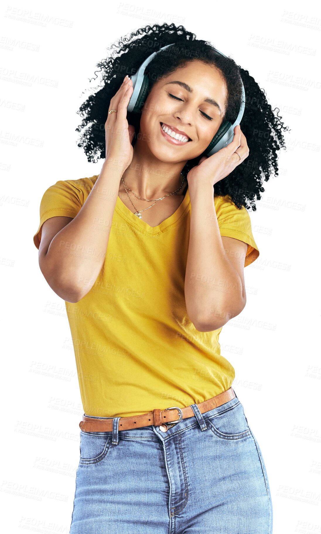 Buy stock photo Smile, dance and woman with music headphones in studio on isolated, transparent or png background. Freedom, energy and female model listening to radio, podcast or streaming audio, album or playlist