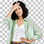 Facepalm, frustrated and portrait of black woman on a white back