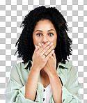 Secret, surprise and portrait of woman in studio with hands on m