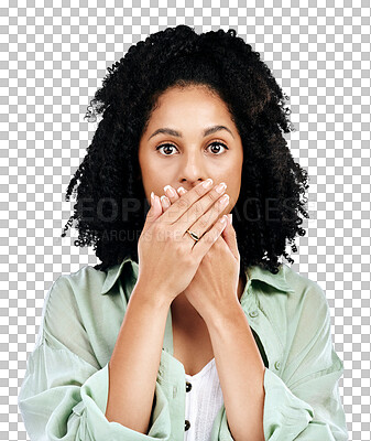 Buy stock photo Wow, surprise and hands on face of woman in studio with gossip on isolated, transparent and png background. Omg, emoji and portrait of female model shocked by news, secret or drama with oops gesture