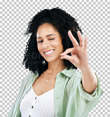 Buy stock photo Wink, portrait and happy woman with ok hands in studio on isolated, transparent or png background. Perfect, emoji and face of female model with thank you, success or motivation, support or vote sign