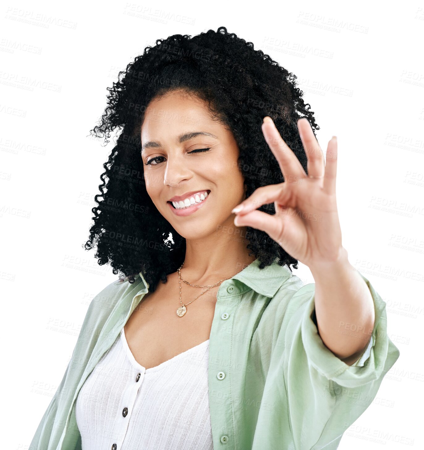 Buy stock photo Wink, portrait and happy woman with ok hands in studio on isolated, transparent or png background. Perfect, emoji and face of female model with thank you, success or motivation, support or vote sign