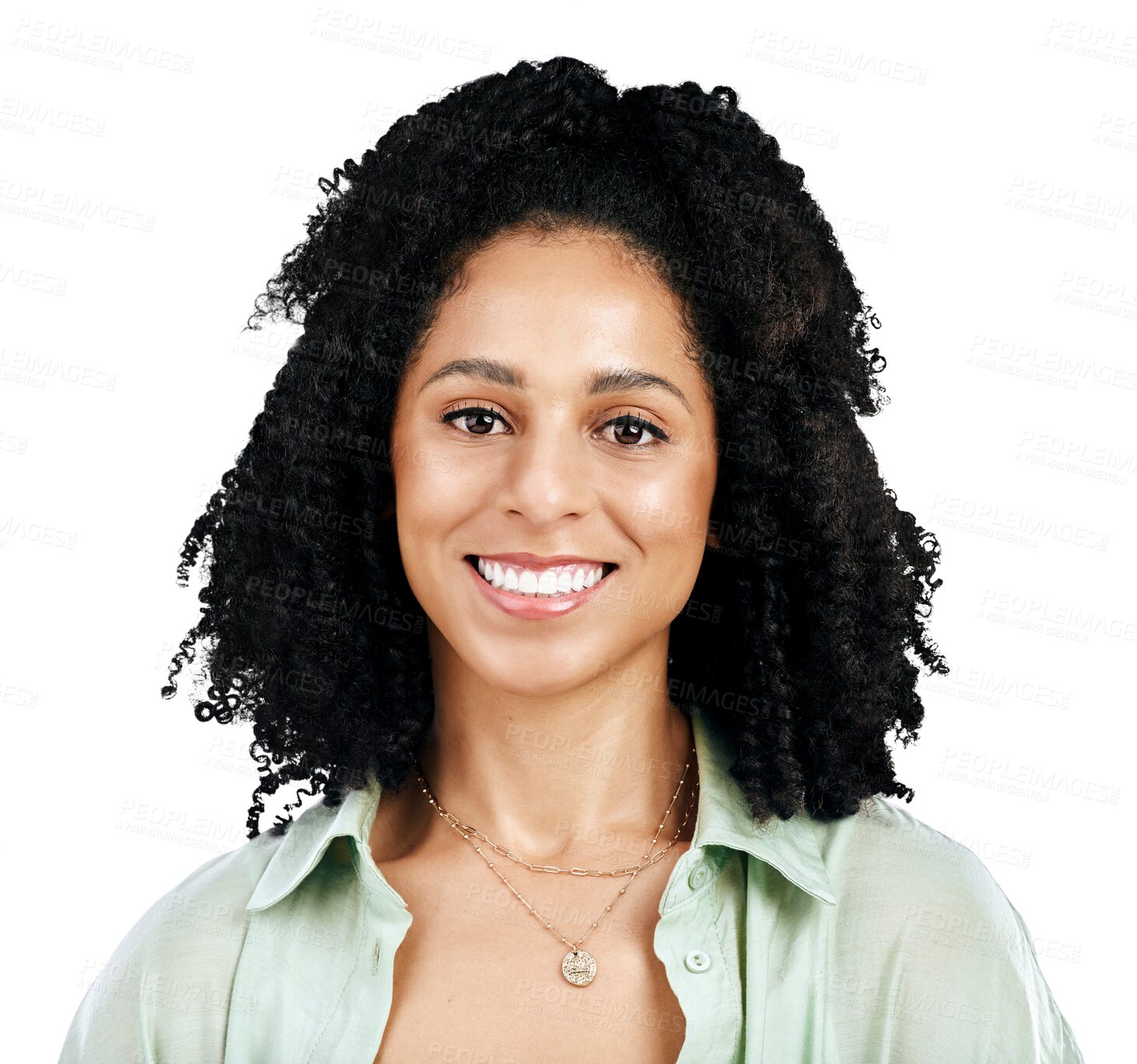 Buy stock photo Woman, afro and smile portrait for fashion or style trend, isolated on transparent png background. Female person, model and happy face or cool clothes for confidence look outfit, cheerful in Brazil