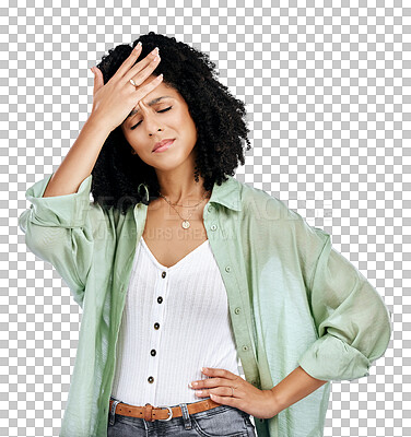 Buy stock photo Face palm, stress and woman in studio with mistake, oops or regret on isolated, transparent or png background. Disaster, anxiety and female model with emoji, fail or crisis, wrong or conflict trauma