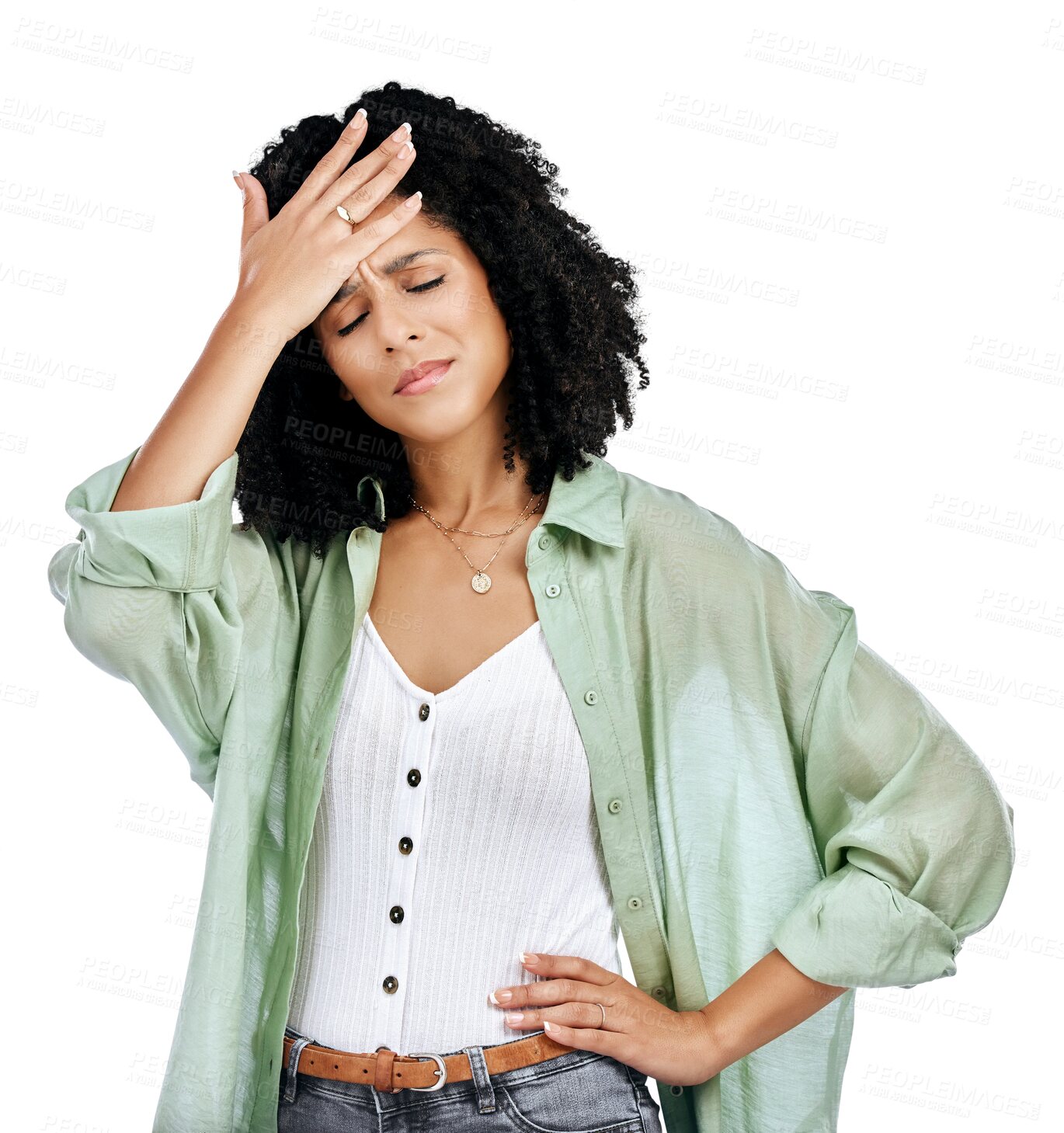 Buy stock photo Face palm, stress and woman in studio with mistake, oops or regret on isolated, transparent or png background. Disaster, anxiety and female model with emoji, fail or crisis, wrong or conflict trauma