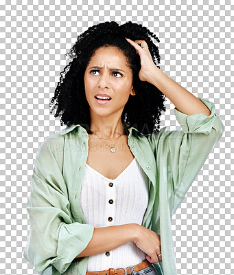 Buy stock photo Thinking, confused and woman in studio with stress on isolated, transparent or png background. Doubt, face and female model with wtf, why or frustrated with questions, ask or panic, anxiety or fail