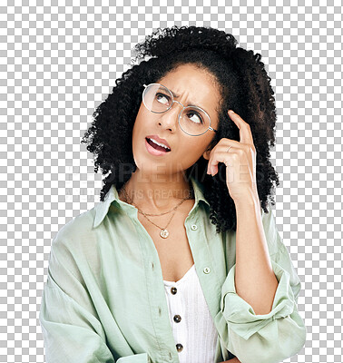 Buy stock photo Confused, thinking and woman with doubt, question and person isolated on a transparent background. Model, png and girl with glasses, ideas and problem solving with planning, thoughts and wonder