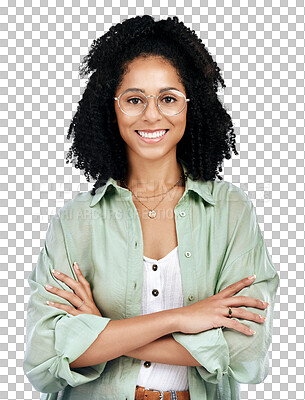 Buy stock photo Woman, arms crossed and glasses in portrait for education, study and learning confidence or knowledge. Face of an african student with vision or proud of scholarship on transparent png background