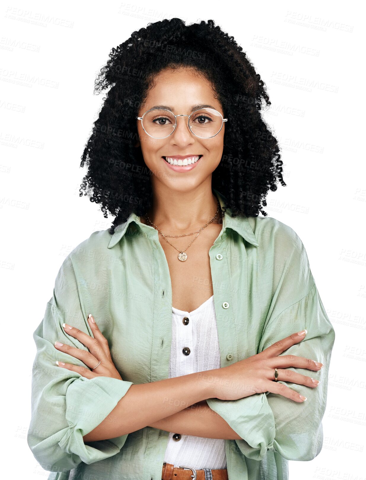 Buy stock photo Woman, arms crossed and glasses in portrait for education, study and learning confidence or knowledge. Face of an african student with vision or proud of scholarship on transparent png background