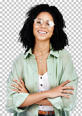 Buy stock photo Woman, arms crossed and smile for fashion, glasses and creative writer on isolated transparent png background. Portrait, confident and young with trendy outfit, stylish and cool clothes for blogger