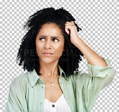 Buy stock photo Thinking, stress and woman in studio with anxiety on isolated, transparent or png background. Doubt, face and female model with wtf, why or frustrated with questions, ask or panic, confused or fail