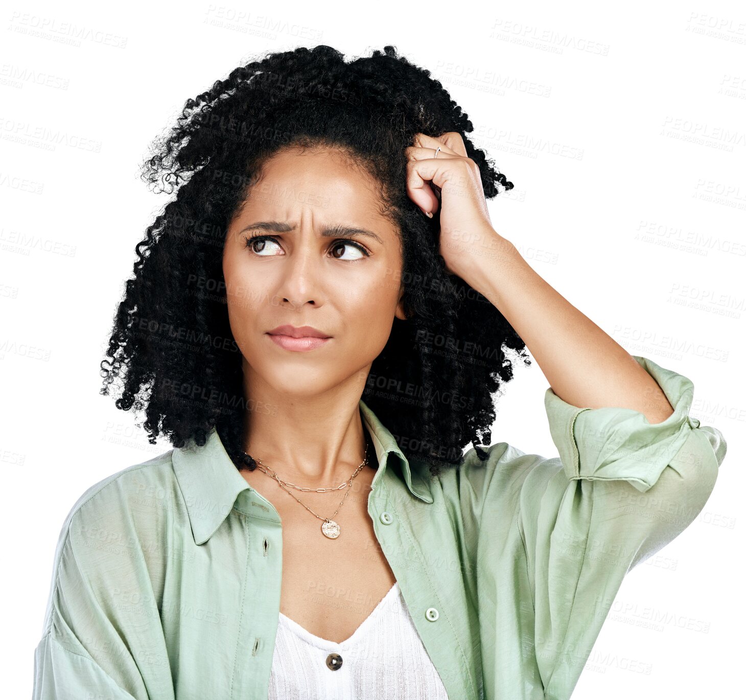 Buy stock photo Thinking, stress and woman in studio with anxiety on isolated, transparent or png background. Doubt, face and female model with wtf, why or frustrated with questions, ask or panic, confused or fail