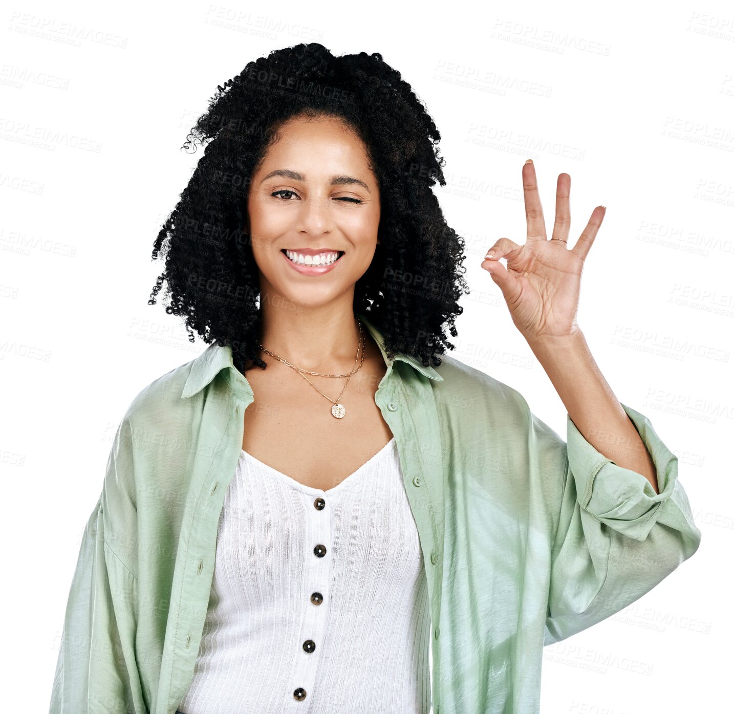 Buy stock photo Portrait, wink and happy woman with perfect hands in studio on isolated, transparent or png background. Ok, emoji and face of female model with thank you, success or motivation, support or vote sign