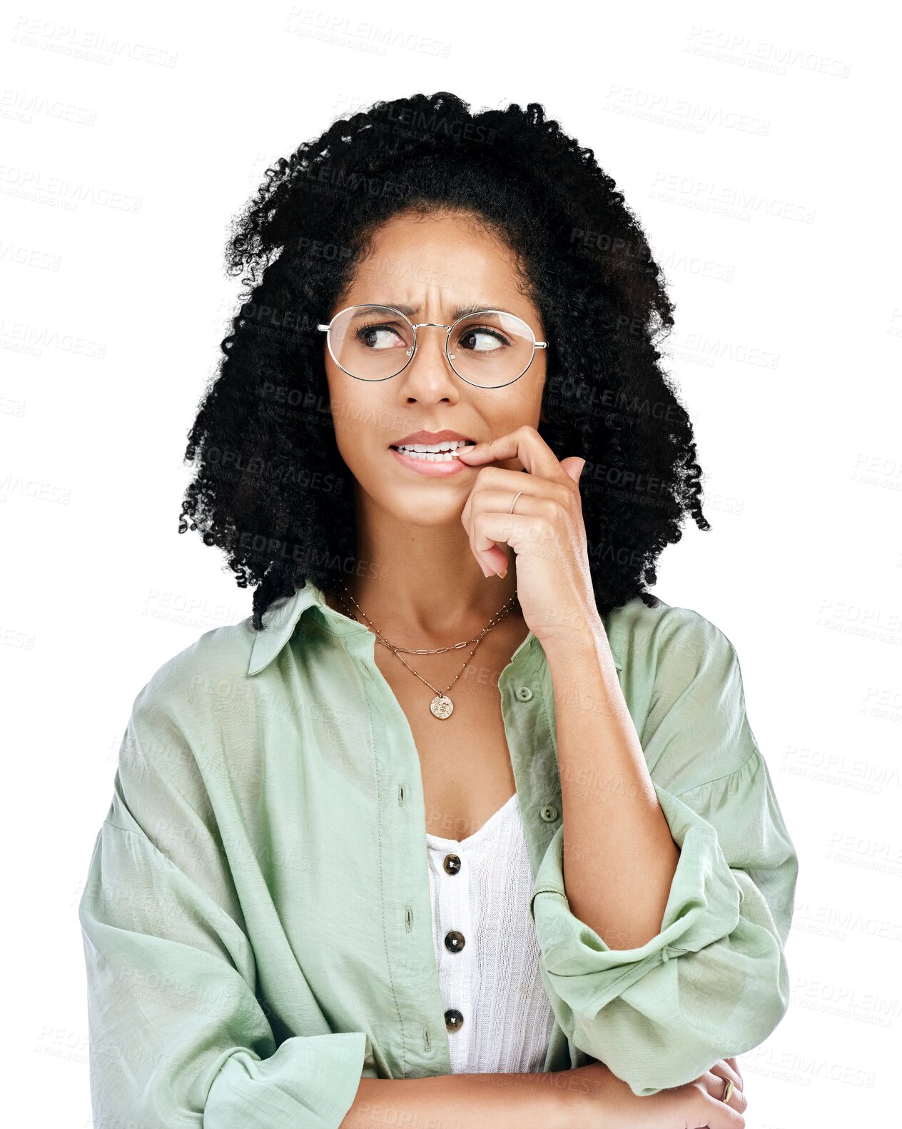 Buy stock photo Anxiety, thinking and woman biting nails with stress in studio on isolated, transparent or png background. Fear, confused and lady model with doubt, fail or why emoji for nervous, tension or suspense